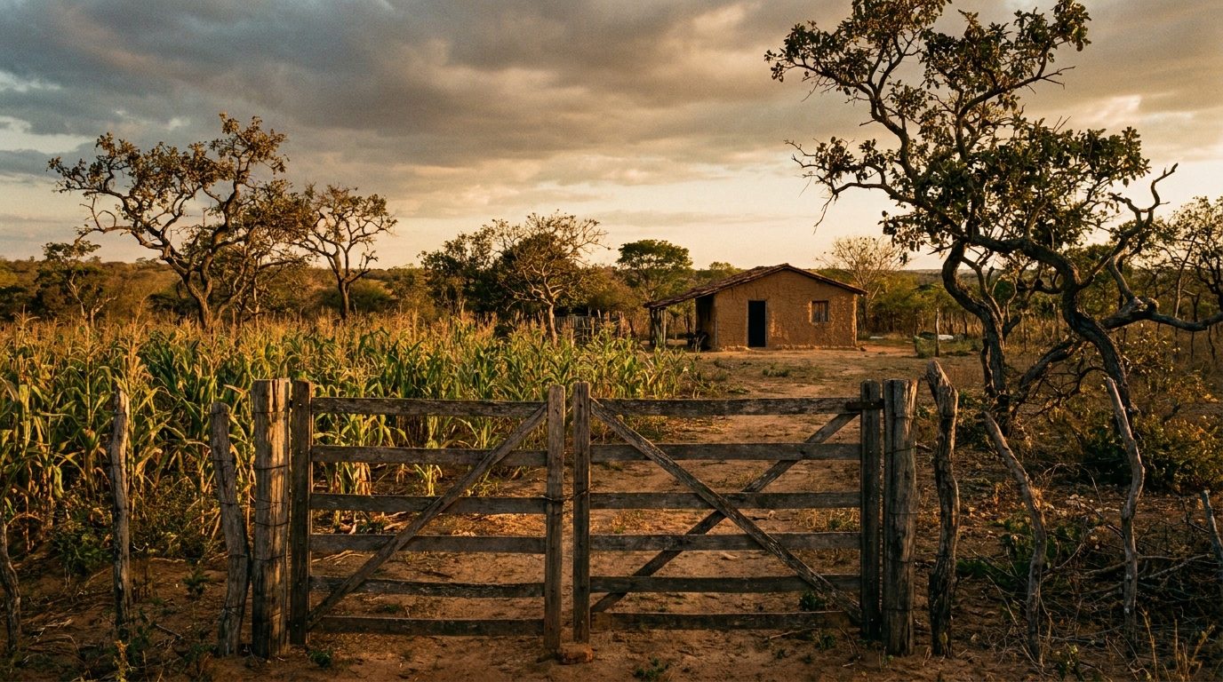 Pequena propriedade rural no cerrado goiano ao amanhecer