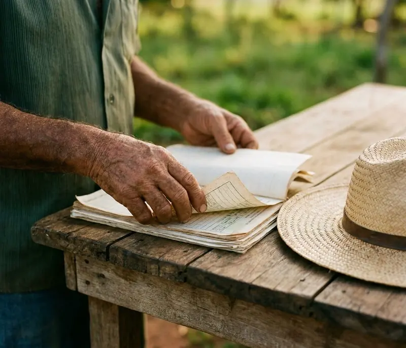 Mãos de trabalhador rural organizando documentos e notas de produtor