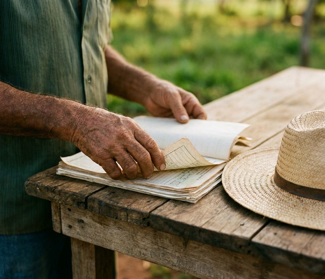 Mãos de trabalhador rural organizando documentos e notas de produtor
